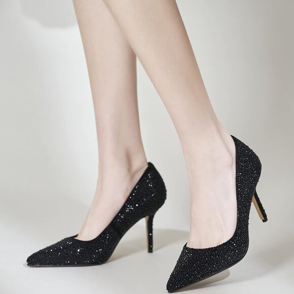 Women's Black Rhinestone Slip on Fashion Sparkly Stiletto Heels with Low Heel - Picture 2 of 5